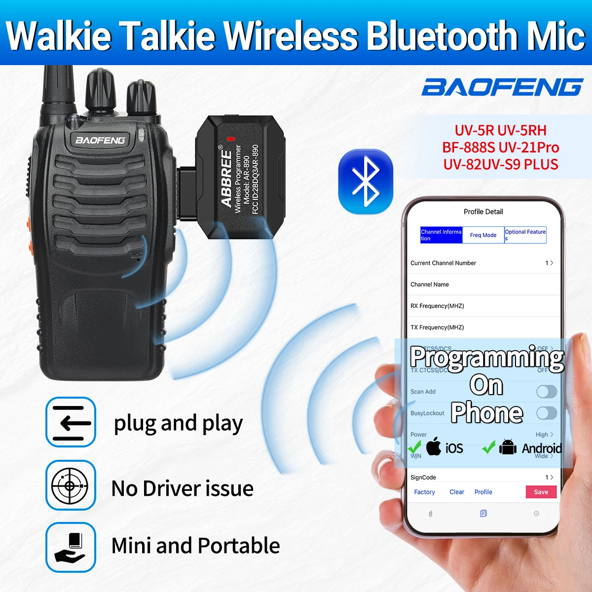 ABBREE بلوتوث مبرمج لاسلكي الهاتف APP البرمجة ل Baofeng اسلكية تخاطب UV-5R BF-888S UV-21 PRO V2 Quansheng UV-K5