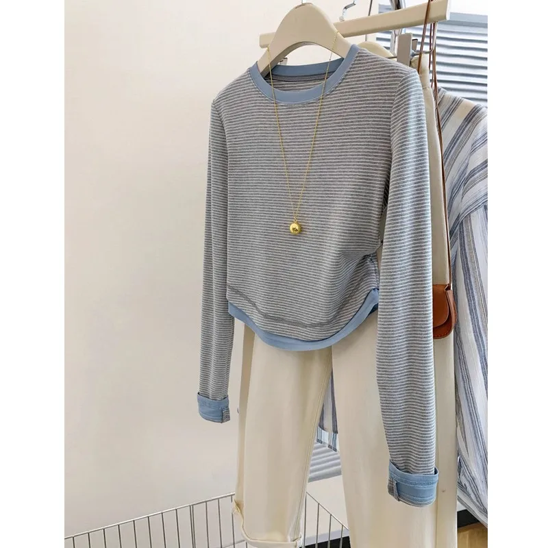 

Корейский стиль, антивозрастная женская базовая рубашка с эффектом двухслойности, в полоску, с коротким и длинным рукавом, 2024, новинка, высокое качество, смесовый хлопок