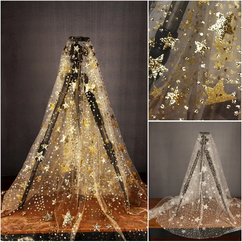 Sternverzierter Tüllstoff Gold Weiß Braut Couture Brautkleider Luxus Hochzeit Hintergrund Frühling Sommer Designer Material