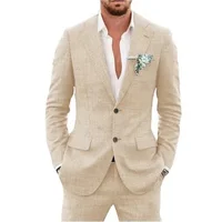 ""Trajes de lino beige/azul ajustados personalizados para hombre, conjunto de esmoquin de boda con solapa de muesca de 2 piezas, chaqueta y pantalones para novio, fiesta de graduación