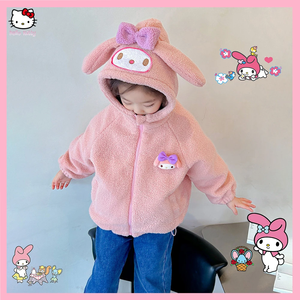 

2023 New Winter Autumn Sanrioed Anime Kuromi My Melody Fleece Hooded Jacket Lamb Swool Girl Kawaii Cartoon Top Kids Warm Clothes