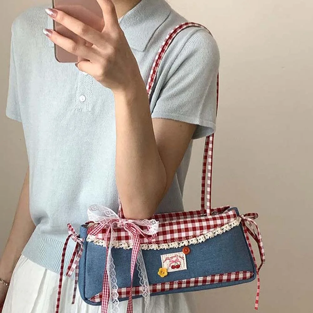

Portable Sweet French Stick Handbag Denim Blue Bow Plaid Shoulder Bag Lace Ribbon Large Capacity Cloth Underarm Bags Women