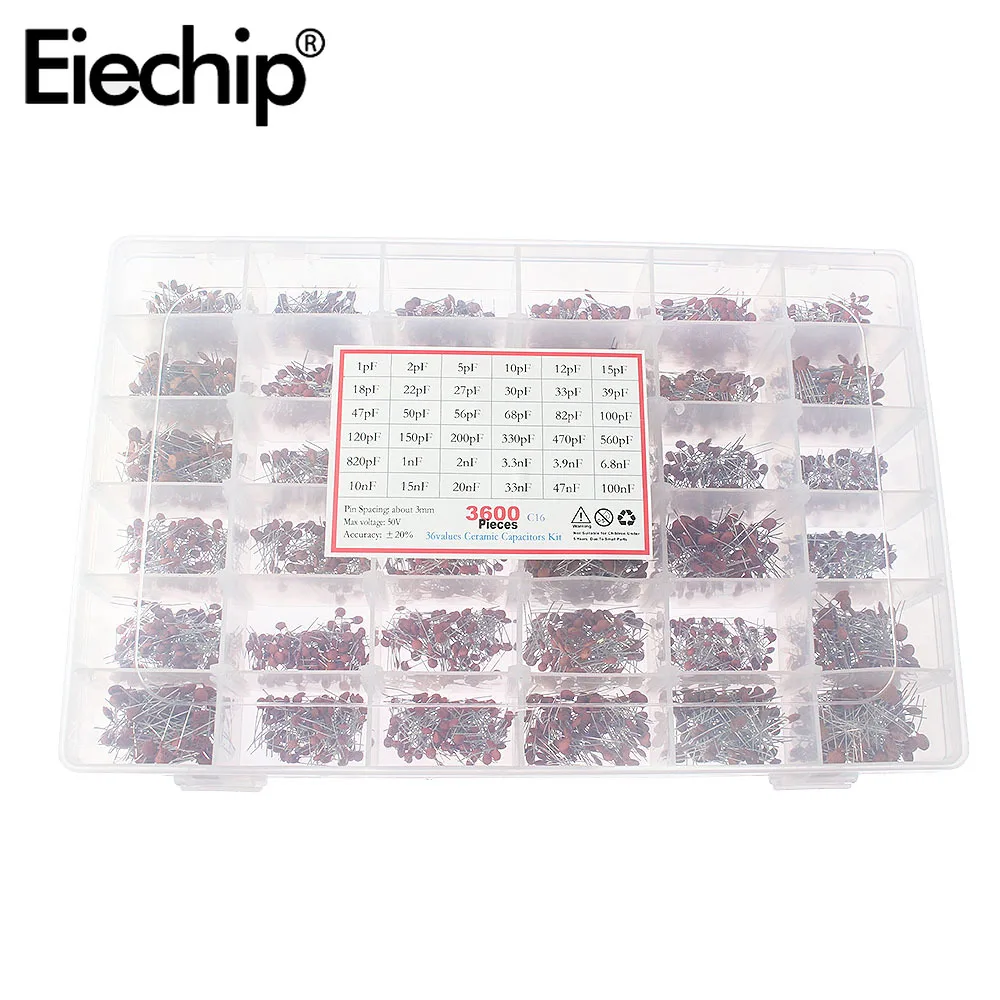 960/3600PCS Ceramic Capacitor Combination Kit Box, 2PF-0.1U/1PF~100nF 24/36 Value 3.9NF 10PF 22PF 33PF 47PF 1NF 10NF 47NF