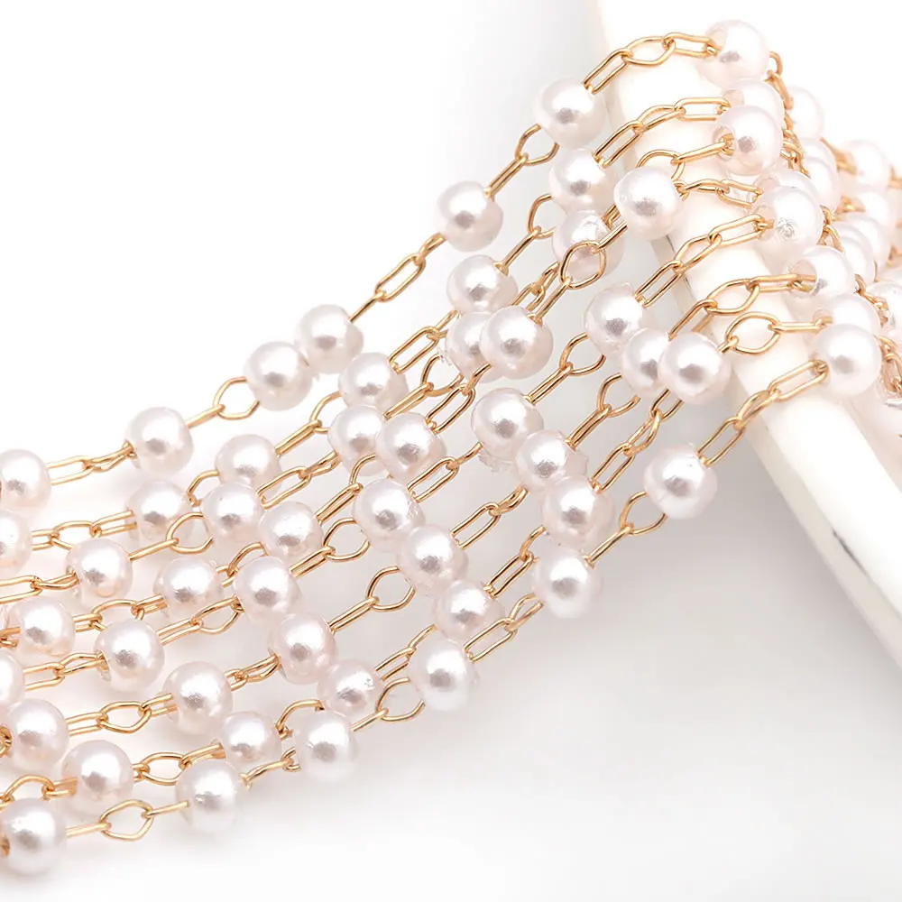 2 Meters 18K Gold Color Brass and Plastic Imitation Pearl Round Beads Necklace Chains Jewelry Making Supplies Diy Accessories