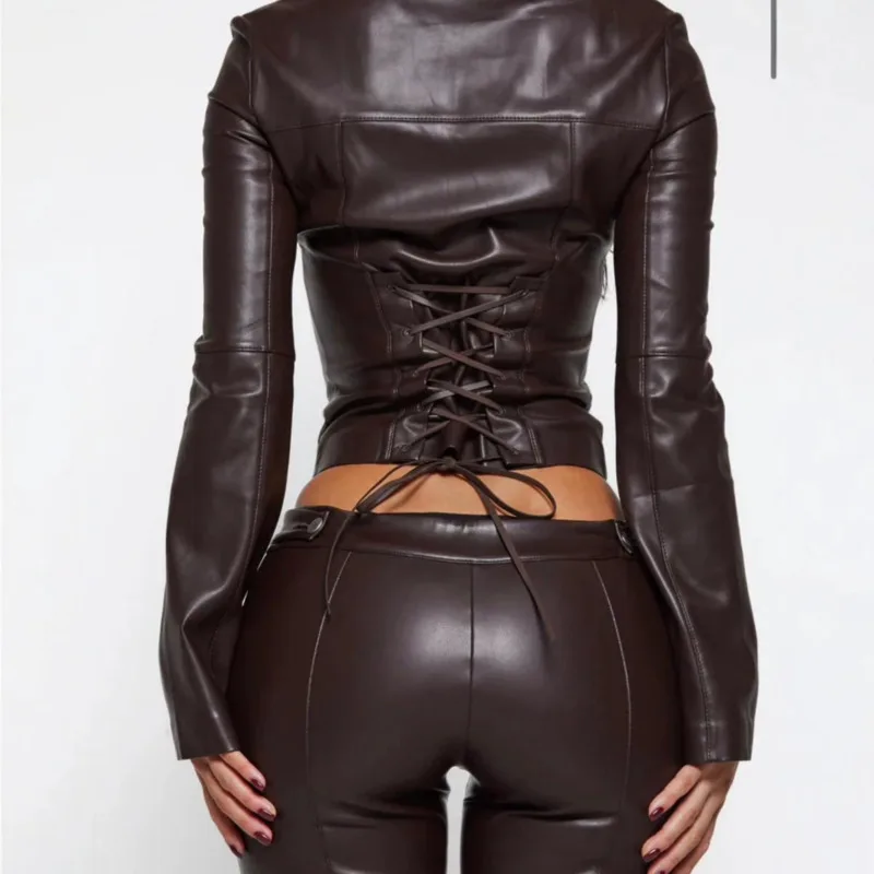Women Faux Leather Jacket Pants Set Dark Brown Lace Up Cropped Coat Slim Trousers Autumn Streetwear Biker Outfit Female