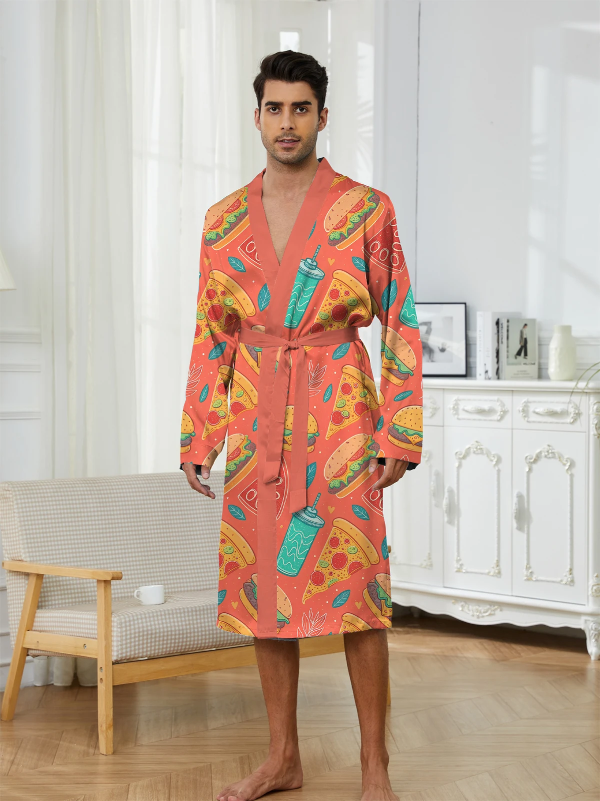 Men's long robe with digital printing, red background hamburger combo pattern, casual and entertainment home nightgown