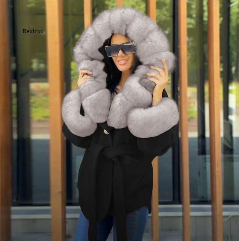 

Faux Fur Collar Splicing Woolen Coat Women 2022 Winter Fashion Lace-Up Thickening Warm Hooded Parka Coat Female Casual Outerwear