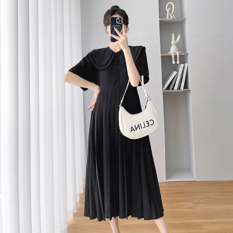 

Maternity Dresses Summer Female 2022 Summer New French Style Simple Pure Black Pleated Long Peter Pan Collar Pregnancy Clothes