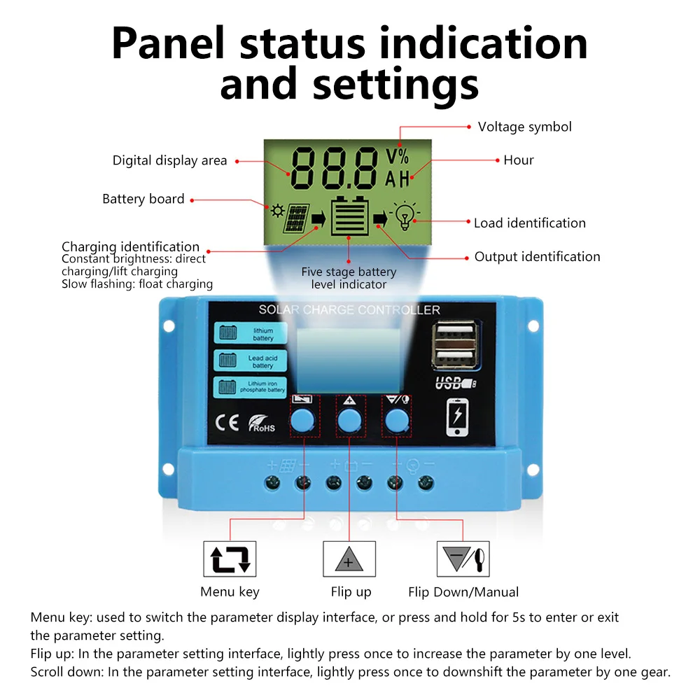 10A 20A 30A PWM Solar Charge Controller 12V 24V PV Regulator LCD Dual Port Solar Panel Controller for Lead-Acid Lithium Battery