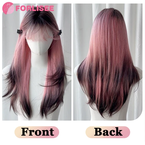 Imagen 2 del producto FORLISEE-pelucas sintéticas ombré para mujer, color negro y rosa, largas y rectas, en capas, con flequillo, pelo falso resistente al calor