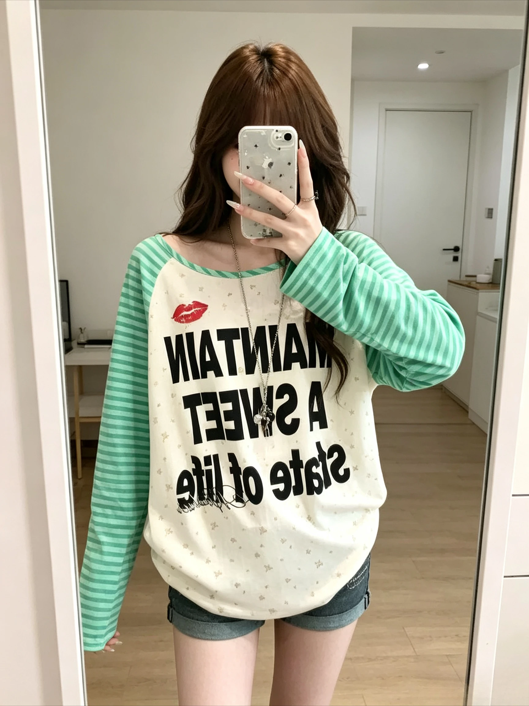 Raglan Long SleeveGreen White Stripe Sleeve Ditsy Floral Base Letter Lip Print Loose Contrast Color Slouchy Crew Neck Casual Top