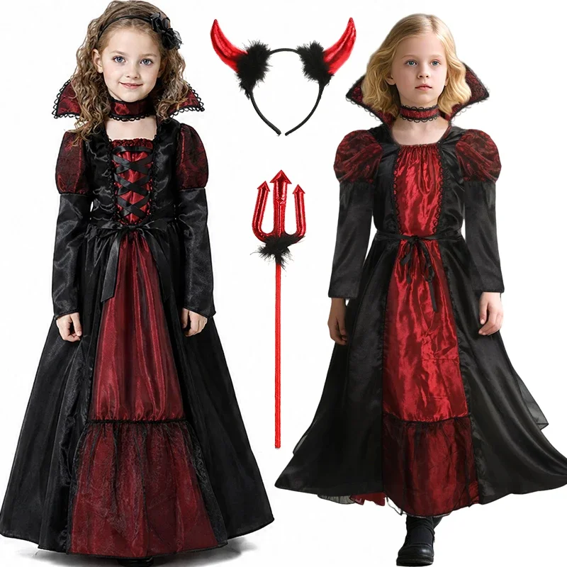 Halloween Role Play Costume for Boys Girls Kids Black Red Vampire Robe with Gloves Headband Stickers for Theme Carnival Party