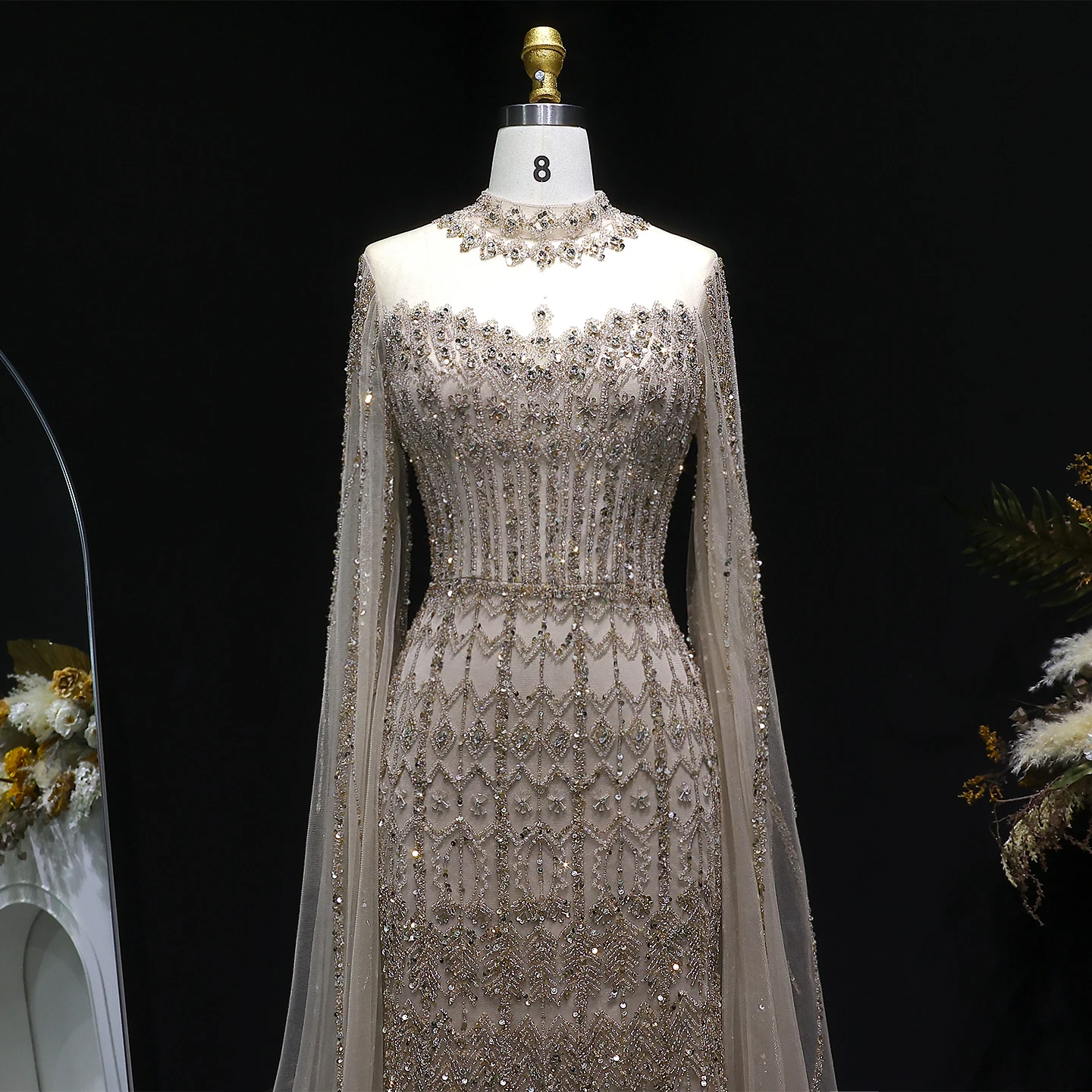 Sharon Said Luxuriöses Blaues Tüll-Abendkleid mit Cape-Ärmeln, Kristall-Pailletten, Damen-Hochzeitskleid, Partykleid, Ballkleid SS150, Maßanfertigung – Detail 12