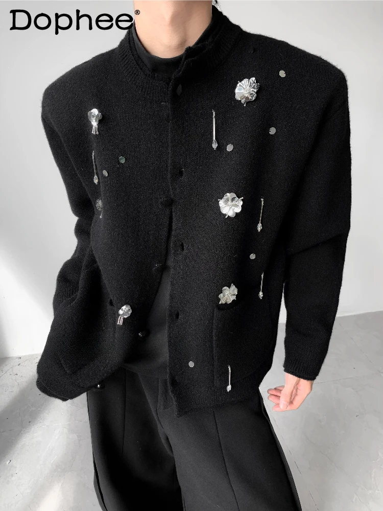 

Men's 2025 Autumn New Light Luxury High-End Tops Double-Layer Collar Knitwears Padded Shoulder Knitted Cardigan Sweater Jackets