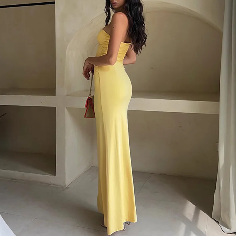 Abito da festa drappeggiato in metallo senza spalline sexy da donna Nuovo abito lungo aderente con vestibilità slim cava solida primaverile Abito bohémien aderente senza schienale estivo