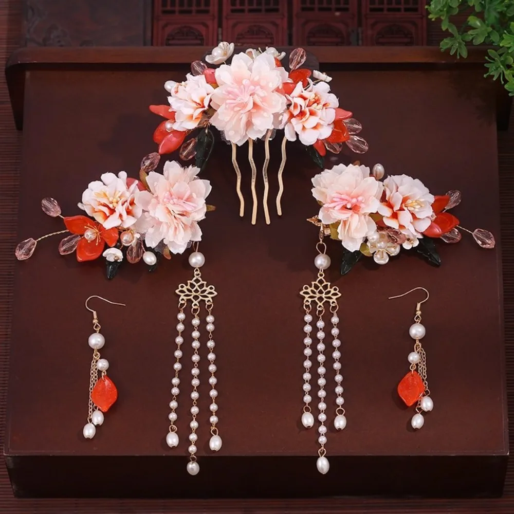 

Ancient Style Tassel Chinese Style Hairpin Set Earring Pearl Hanfu Hair Stick Headwear for Buns Flower Hair Comb Cheongsam
