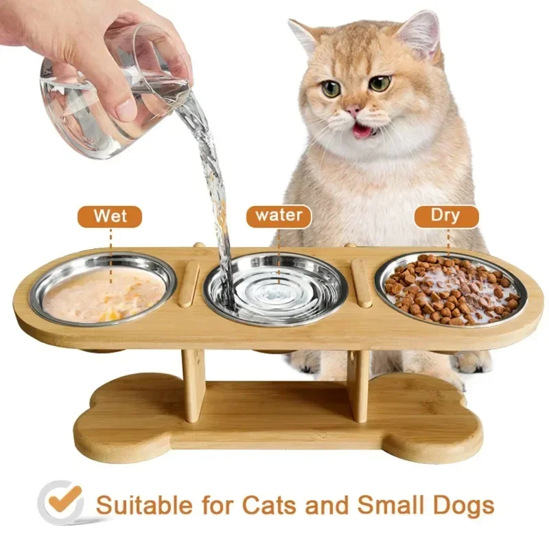 Bamboo Elevated Dog Bowl Raised Cat Food Bowl, Pet Food Water Bowl Stand Feeder with 3 Stainless Steel Bowls for Kittens Puppies