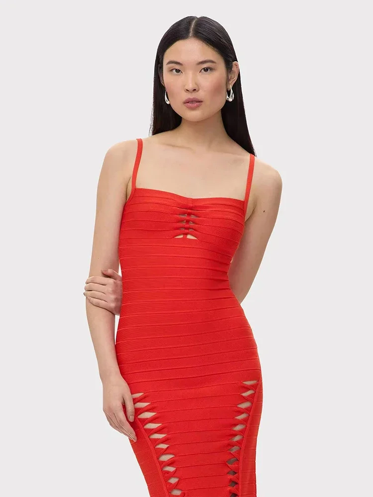Sexy Spaghetti Hollow Out Ontwerp Bandage Jurk Vrouwen Rode Mouwloze Bodycon Lange Jurken Avondfeest Cocktail