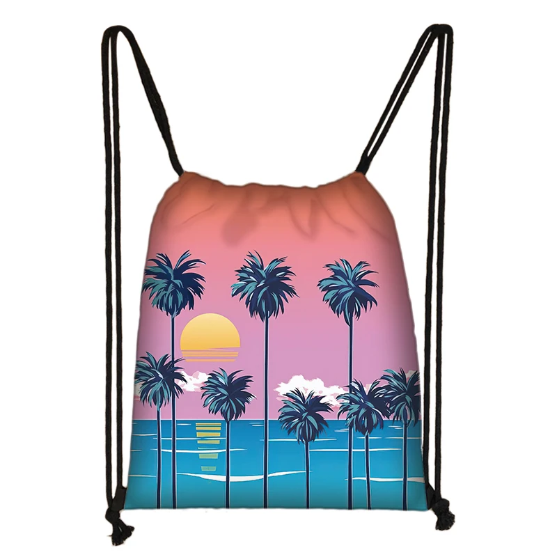 Landscape Sunset Coconut Palm Tree Drawstring Bag Tropical Flower Backpacks for Travel Outdoor Sport Storage Bag Shoes Holder