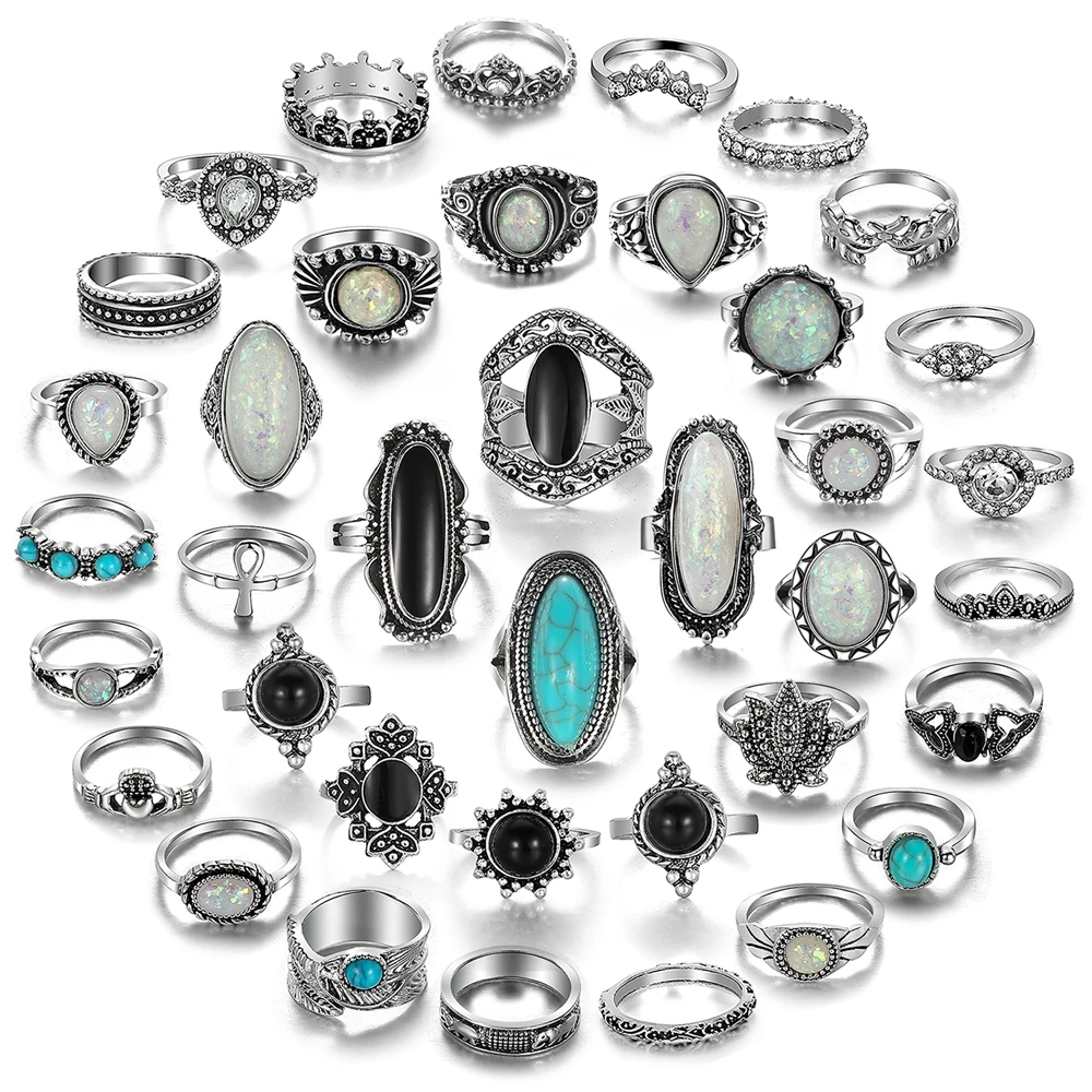 IPARAM Piece Set Bohemia Metal Rings for Women Men Vintage Silver Color Feather Crown Ring Fashion Jewelry Wholesale