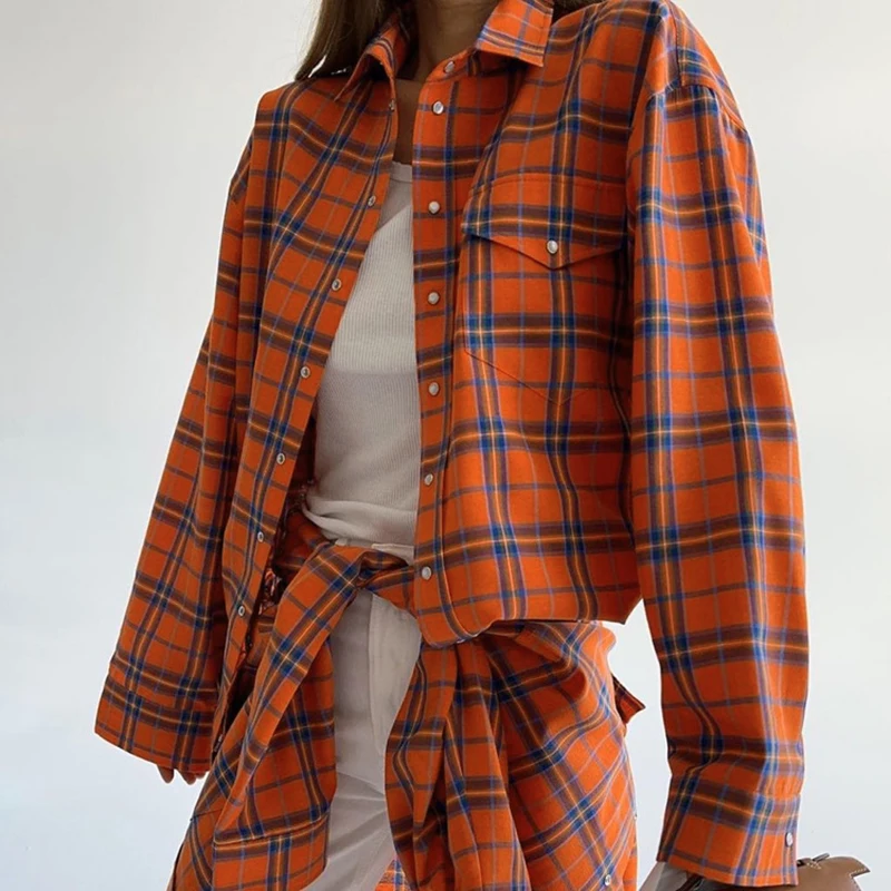 Plaid Long Sleeved Pocket Women\'s Shirt Casual Loose Oversized Summer Tops Tee Shirts For Women Casual Female Checked Clothes