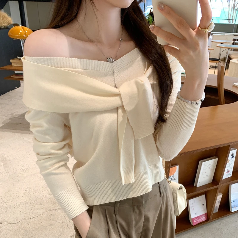

Autumn Winter Slash Neck Knitted Women's Pullover with Shawl 2025 New Long Sleeve Korean Casual Bottom Knitwear Short Tops