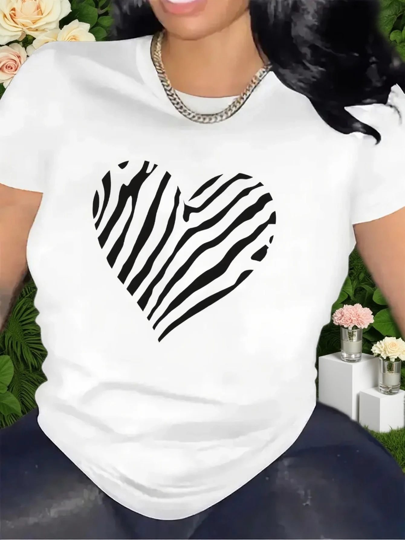 Zebra Print Heart Design Short Sleeve TShirt for Perfect for Casual Dining Room or Living Room Ideal Gift for Fashion Lovers Y2K