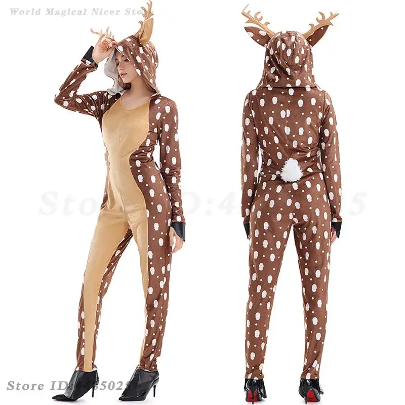 Kobiety seksowny renifer kombinezon świąteczny kostium dla dorosłych Onesie piżama boże narodzenie łoś zwierząt maskotka ubrania typu Cosplay Halloween COS kostiumy