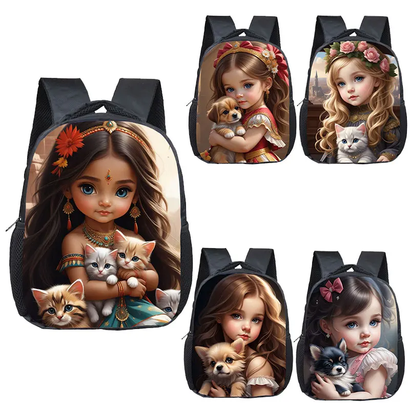 12inch Cartoon Princess Girls Puppy Dog Kitten Cat Backpack for 2-4 Years Old Children School Bags Toddler Kindergarten Bookbag