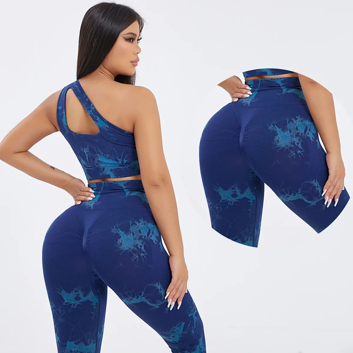 Seamless One-Shoulder Tie-Dye Yoga Sets Sports Fitness Hip-lifting Pants Tight Vest Suits Workout Gym Leggings Sets for Women