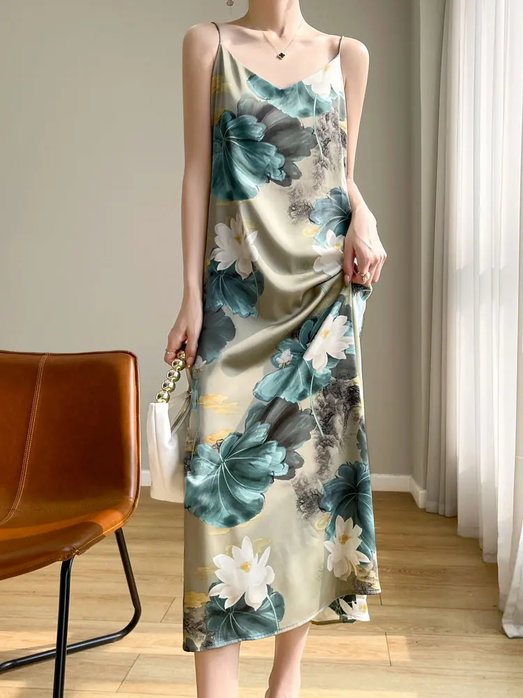 2024 Spring and Summer New Women's Dress Colorful Flower Suspender Skirt Satin Silky Dress Cool and Comfortable