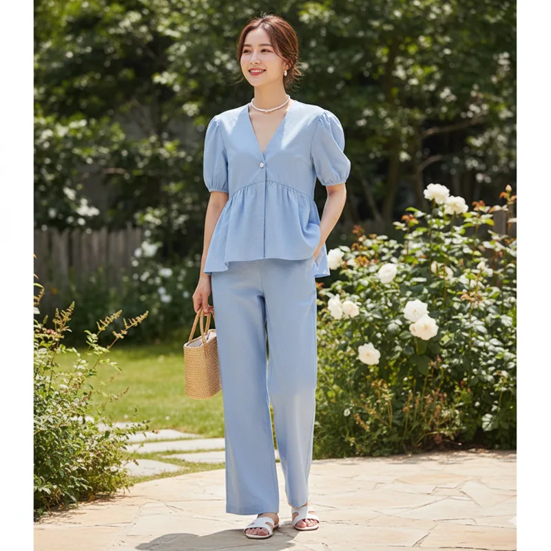 Women's Summer Breathable Linen 2 Piece Set V Neck Puff Sleeve Top High Waist Wide Leg Pants Outfit For Office Daily Casual Wear
