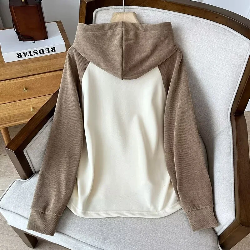 Women's Loose Fit Long Sve Hoodie Jaet Spring 2025 Color Blo oulder Insert Design Versatile Outerwear Casual Sle