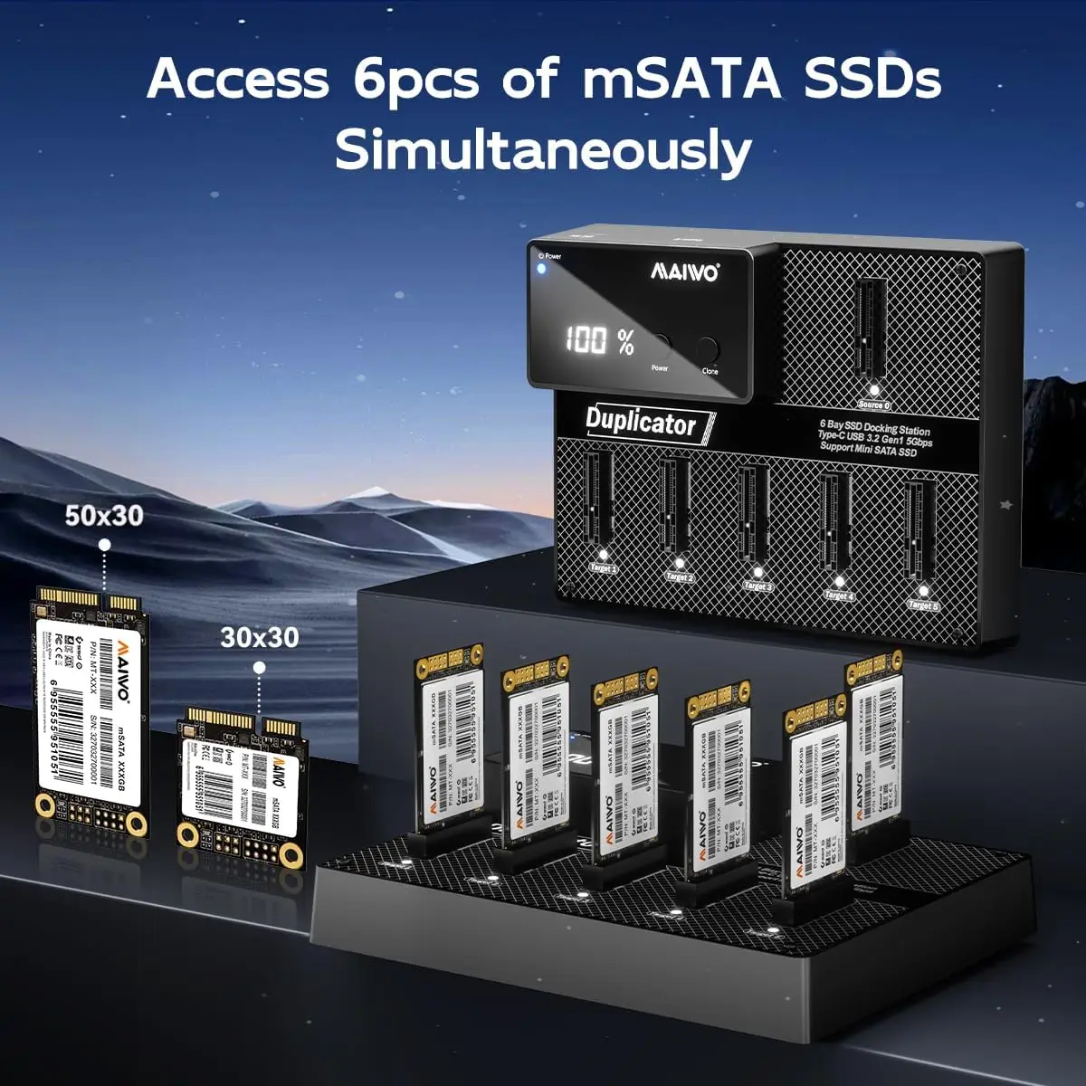 MAIWO mSATA SSD-behuizing 6-bay MSATA SSD-dockingstation met offline kloon Mini SATA naar USB 3.0-adapterlezer 12V / 7A voeding