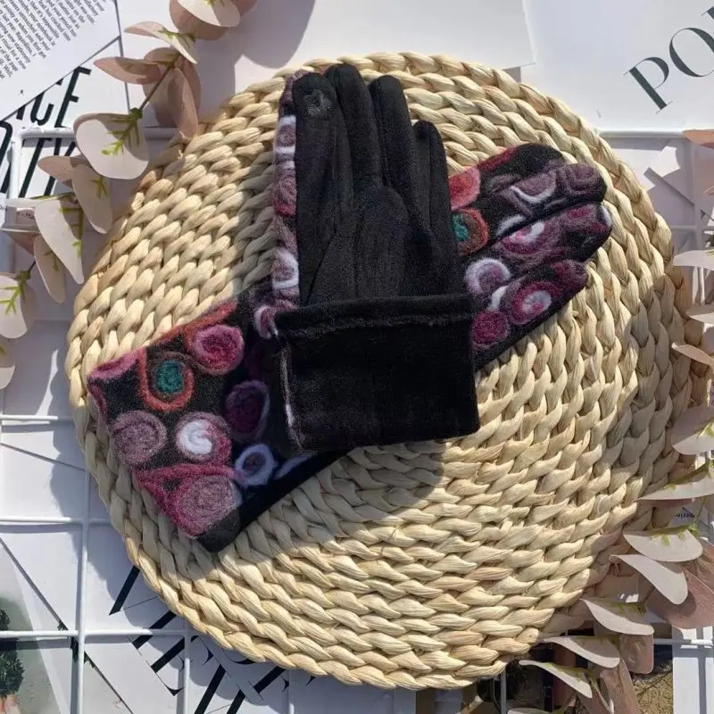 Guantes de lana con bordado de flores para mujer, manoplas gruesas a prueba de viento con pantalla táctil, suaves y a la moda, para invierno