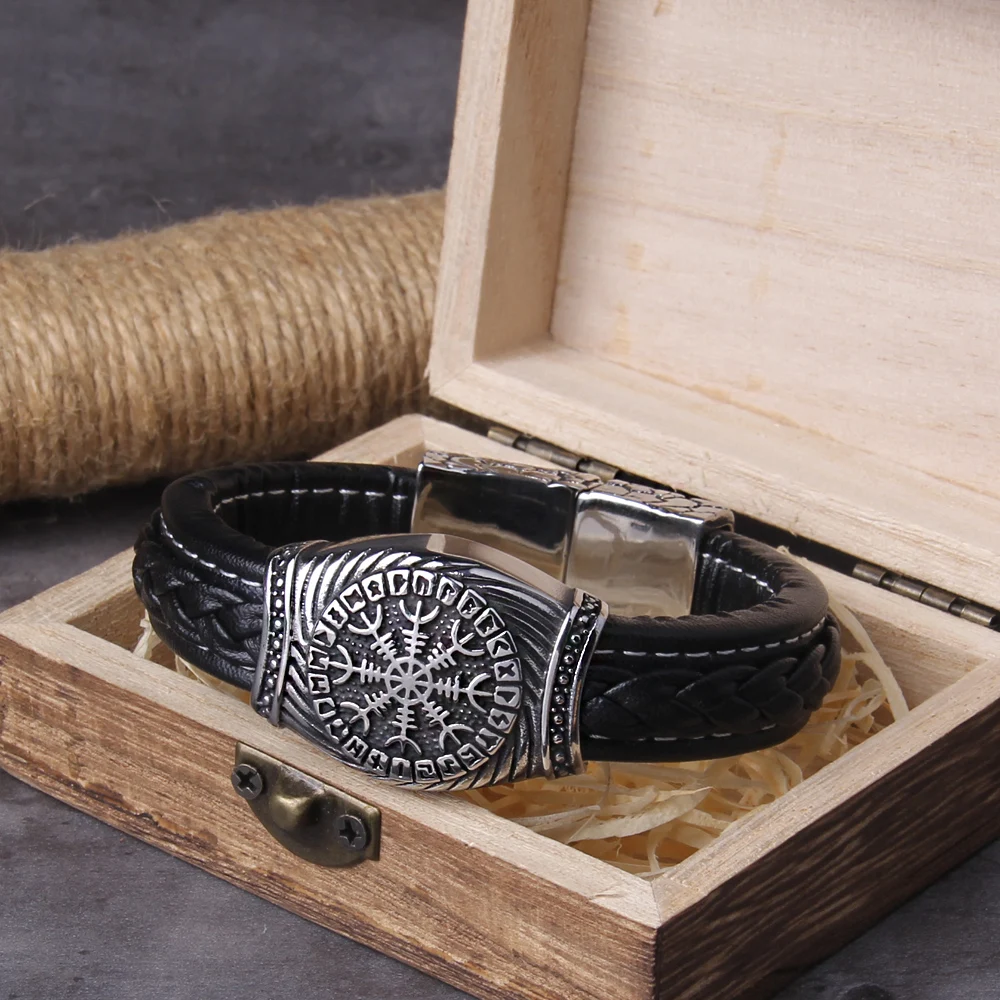 316L Stainless Steel Viking Vegvisir Compass Pendants Bangle Nose Runes Men Jewelry Odin Symbol Leather bracelet - view 5