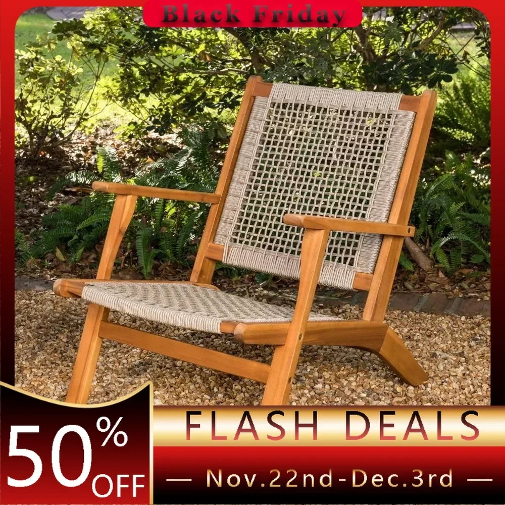 Natural Stain Outdoor Chair Acacia Wood Construction Hand Woven Seat  Comfortable Reclining Armchair Patio Garden Backyard Deck