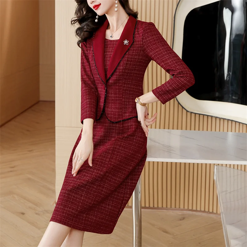 2023 Autumn/Winter New Women\'s Suit Coat Long Dress Two Piece Set Loose Large Casual Plaid Print Jacket Knee Length Dress Set