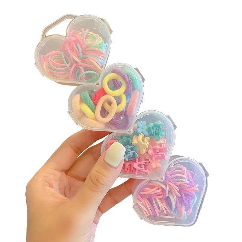 320Pcs/Set Heart-Boxed Girl Color Elastic Hair Band Rubber Band Child Cute Cartoon Star Flower Small Hair Claw Hairpin Headdress