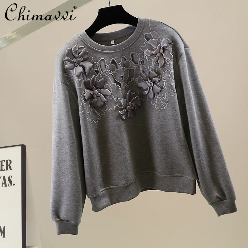 Fashion Heavy Three-Dimensional Flower Sweatshirt for Women New Autumn Long Sleeve Loose Elegant Round Neck Pullover Top