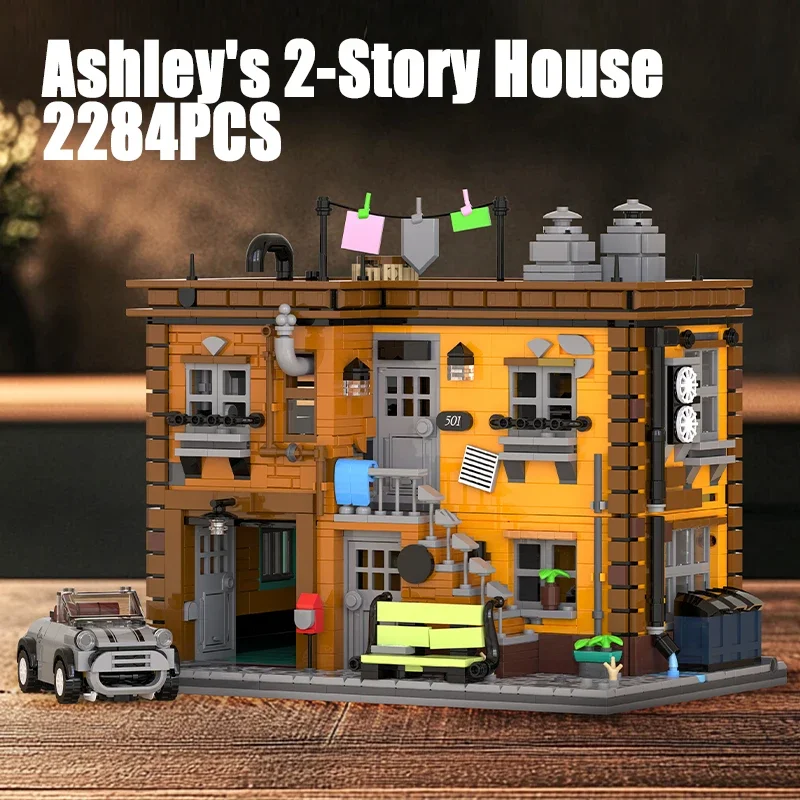 

2284 шт. 2-этажный дом Эшли, строительные блоки со светом MOC, вид на улицу, кирпичи, модель в сборе, игрушки, идеальные подарки на день рождения