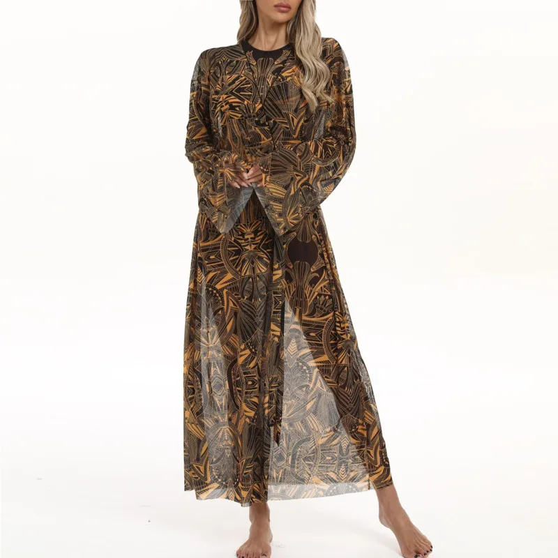 女性用日焼け止めメッシュカバーアッププリントビーチスモックドレスヴィンテージファッションカジュアルワンピースロングスタイル軽量カバーシャツ