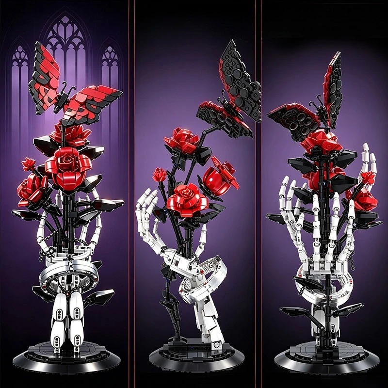 Gothic Style Skeleton Hand Red Rose Butterfly Puzzle Building Blocks DIY Assembly Model Desktop Art Decoration Collectibles Gift