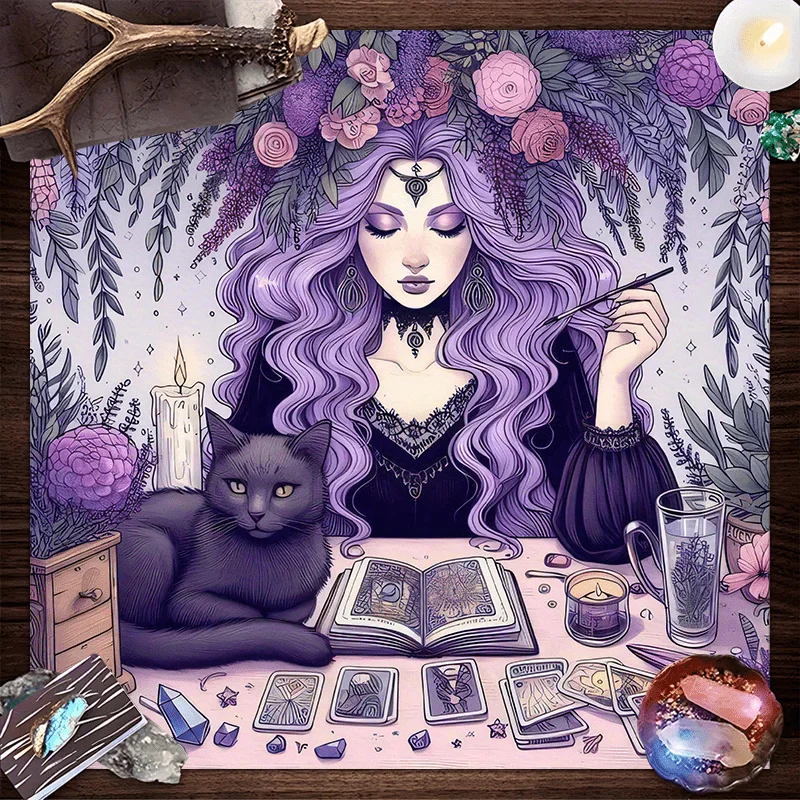 50/75/110/137cm Tarot mat Wisteria Witch Tablecloth Tarot Divination Black Cat Crystal Round Table Altar Esoteric Decorations