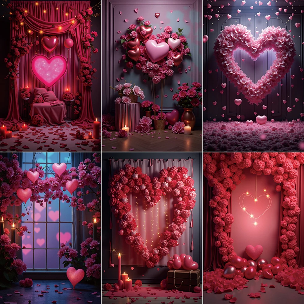 

MOON.QG Happy Valentine's Day Heart Curtain Photography Background Romantic Flowers Balloon Backdrop Women Studio Photocall Prop