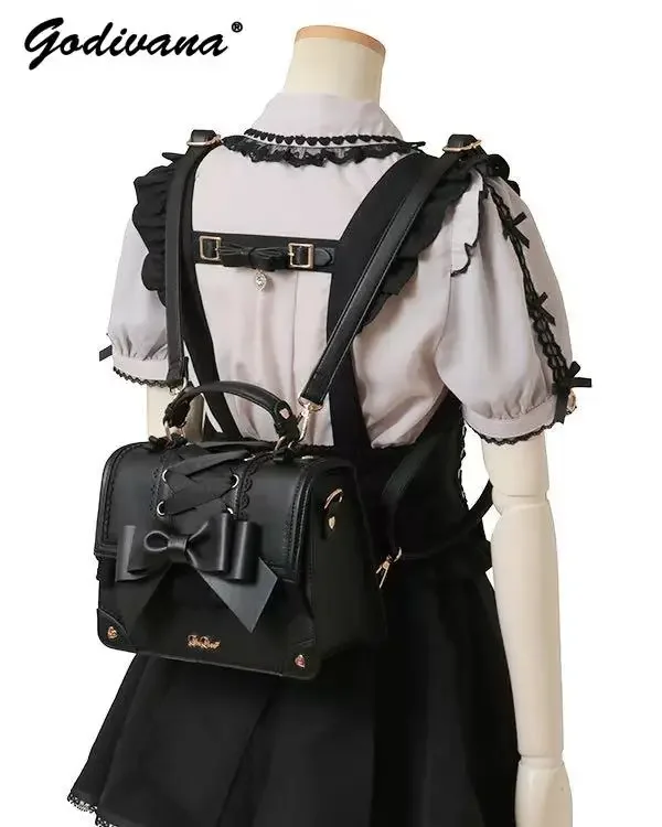 Japanese Liz Sweet Girls Leather Backpack Women's Dual-use Lolita Bowknot Lace Exquisite Shoulder Bag Leather Totes Handbag