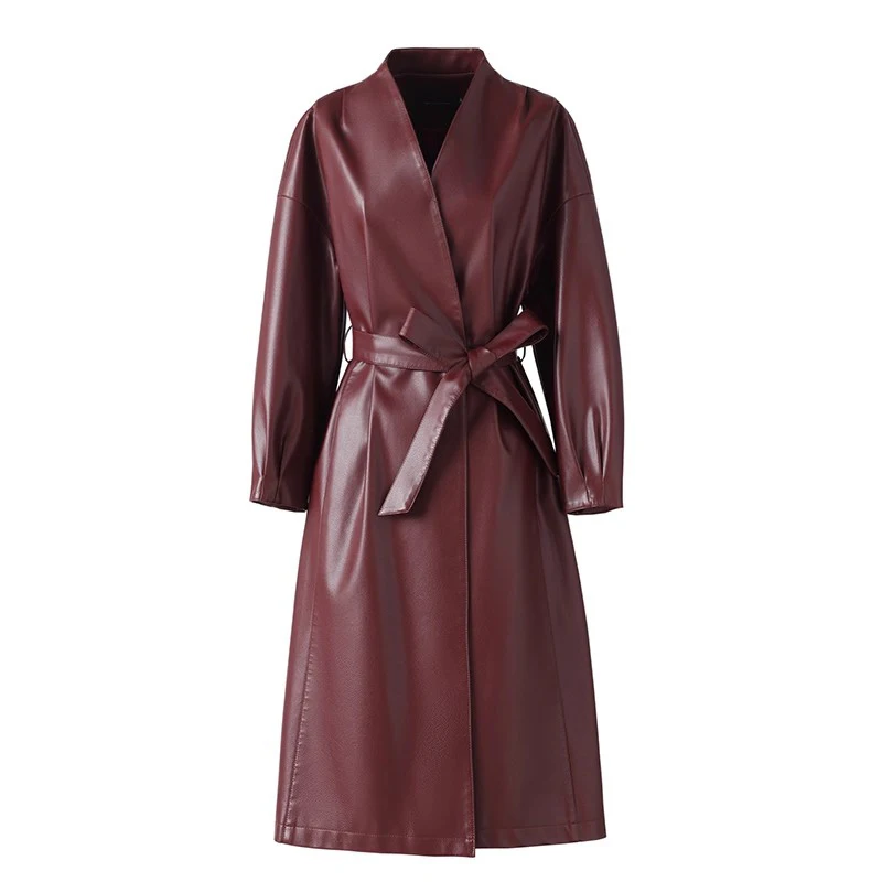

New Women Split Leather Coat Spring Autumn Fashion V-Neck Long Sleeve Lace-up Slim Trench Casual Long Leather Outerwear Female