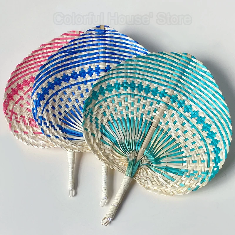 Ethnic Style Summer Cooling Handmade Natural Bamboo Wedding Party Hand Straw Weaving Hand-cranked Fan Art Craft Woven Home Decor