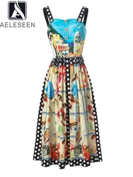 AELESEEN Sicilian Summer Long Dress For Women Spaghetti Strap Dots Fish Letters Print Single-breasted Casual Holiday Camisole