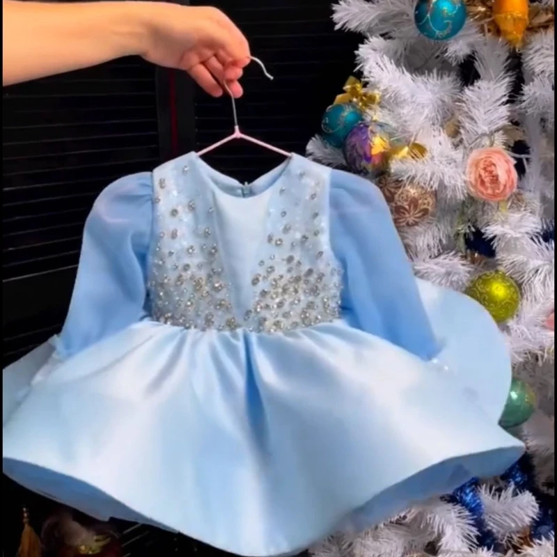 New Long Sleeve Blue Princess Birthday Sequined Dress Gown Children Party Dress Girls Formal Pageant Attire Celebration Outfit